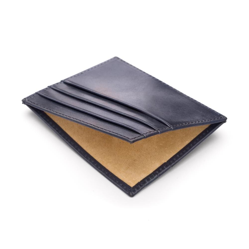 Leather side opening flat credit card case, navy, open