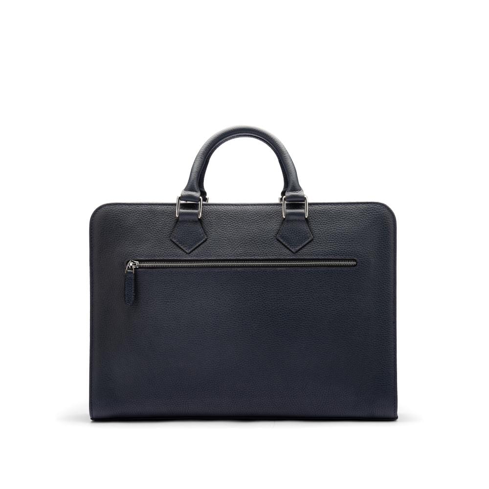 Leather 13&quot; laptop bag, navy pebble grain, back