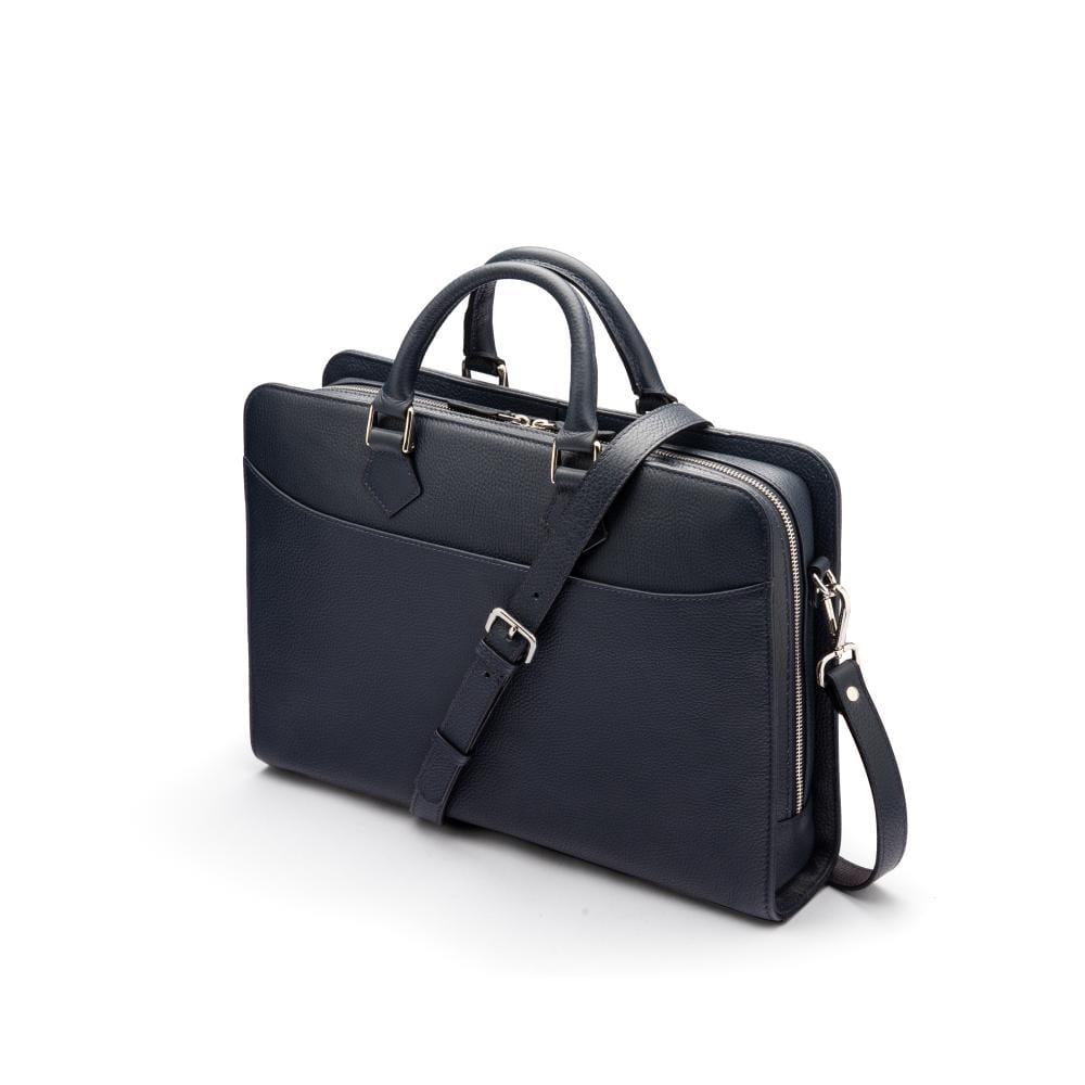 Leather 13" laptop bag, navy pebble grain, side view