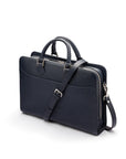 Leather 13" laptop bag, navy pebble grain, side view