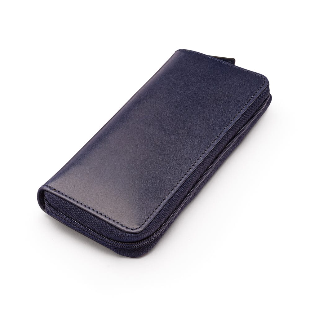 Leather zip around triple pen case, navy, side