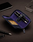 Leather zip around triple pen case, navy, lifestyle