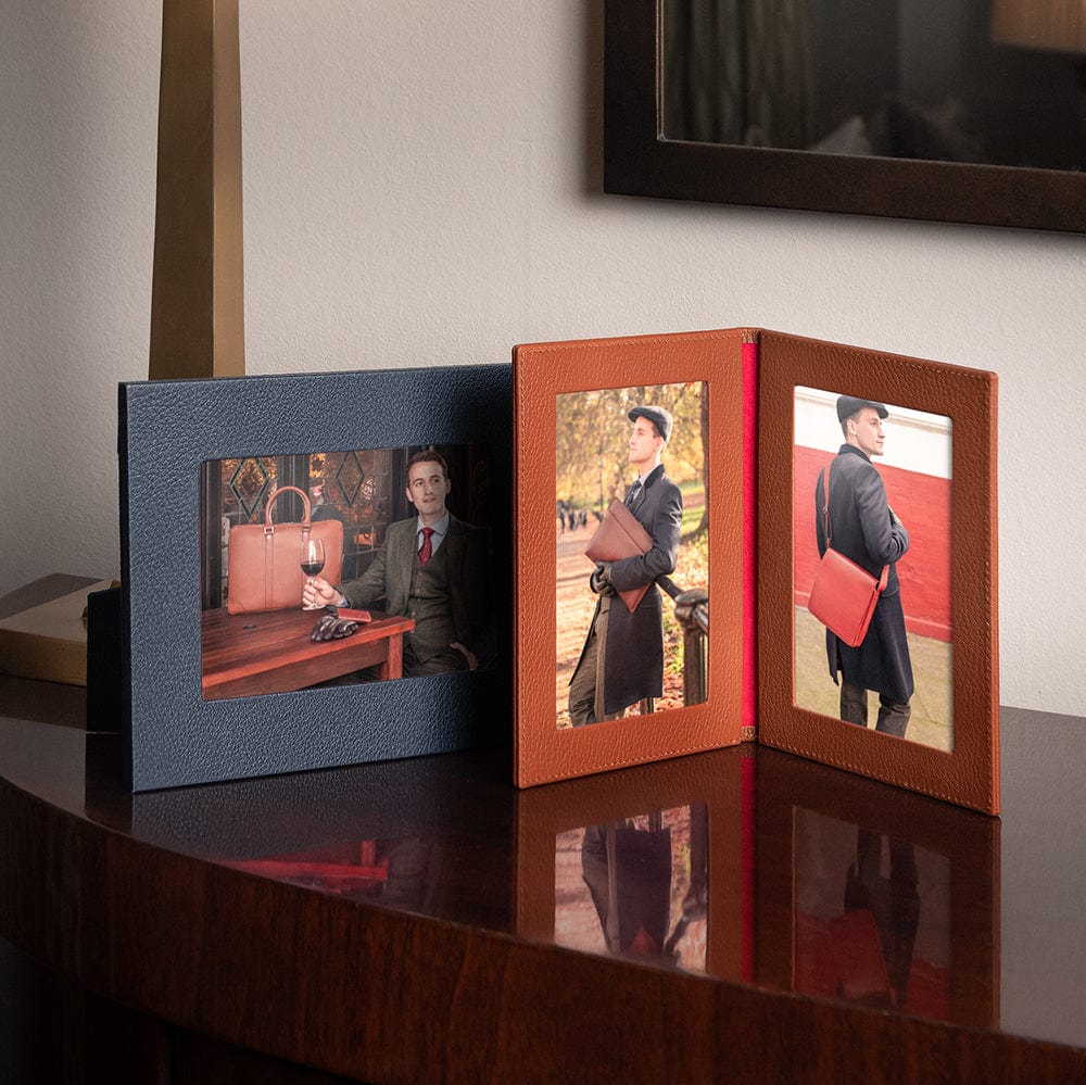 Leather photo frame, navy, 6x4", landscape, lifestyle