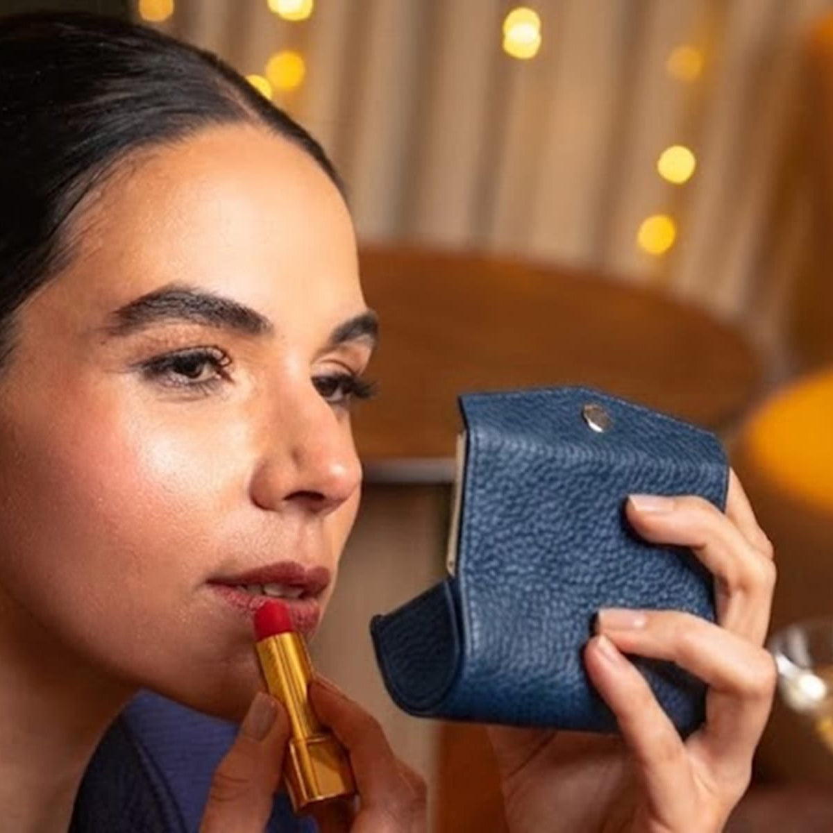 Leather lipstick case, navy, lifestyle