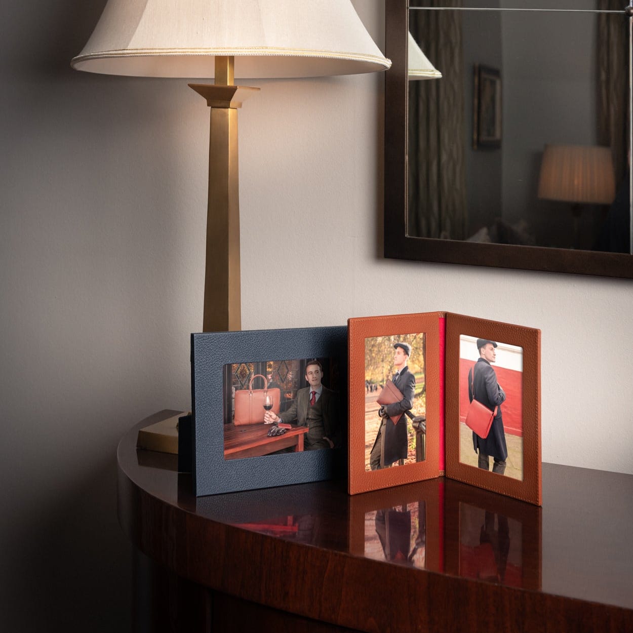 Leather photo frame, navy, landscape lifestyle