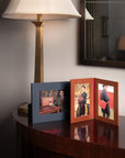 Leather photo frame, navy, landscape lifestyle