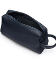 Luxury leather wash bag, navy, open