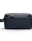 Luxury leather wash bag, navy, front view