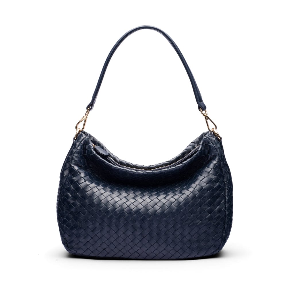 Melissa slouchy leather woven bag with zip closure, navy, front