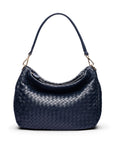 Melissa slouchy leather woven bag with zip closure, navy, front