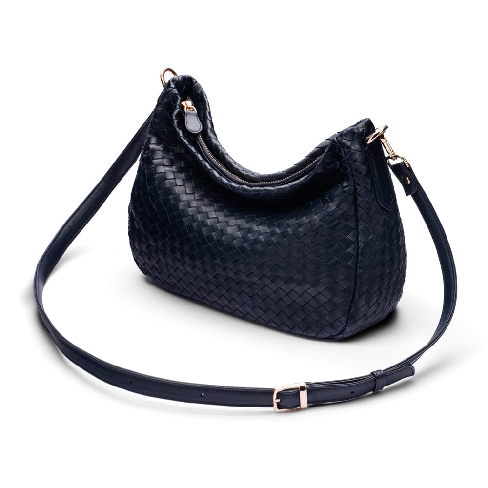 Melissa slouchy leather woven bag with zip closure, navy, with long shoulder strap