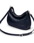 Melissa slouchy leather woven bag with zip closure, navy, with long shoulder strap