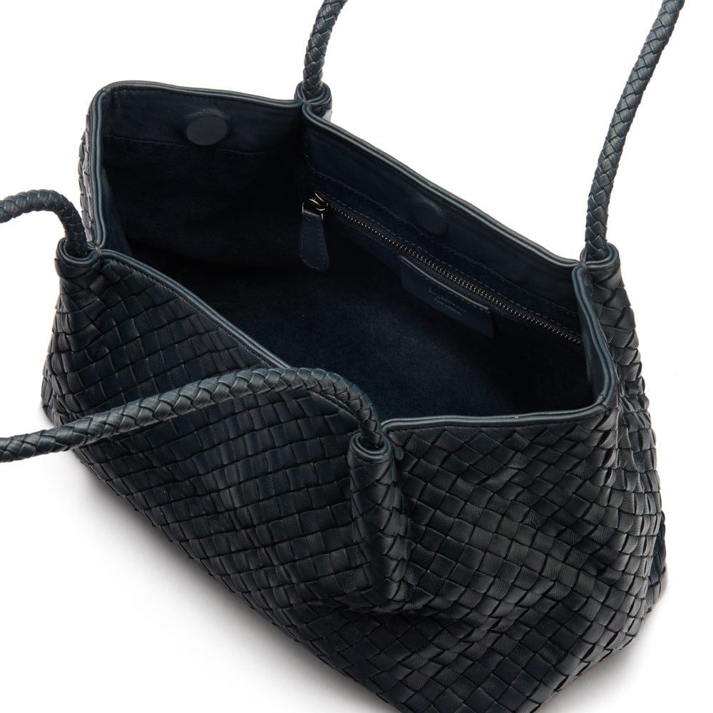 Midi woven leather bag, navy, open