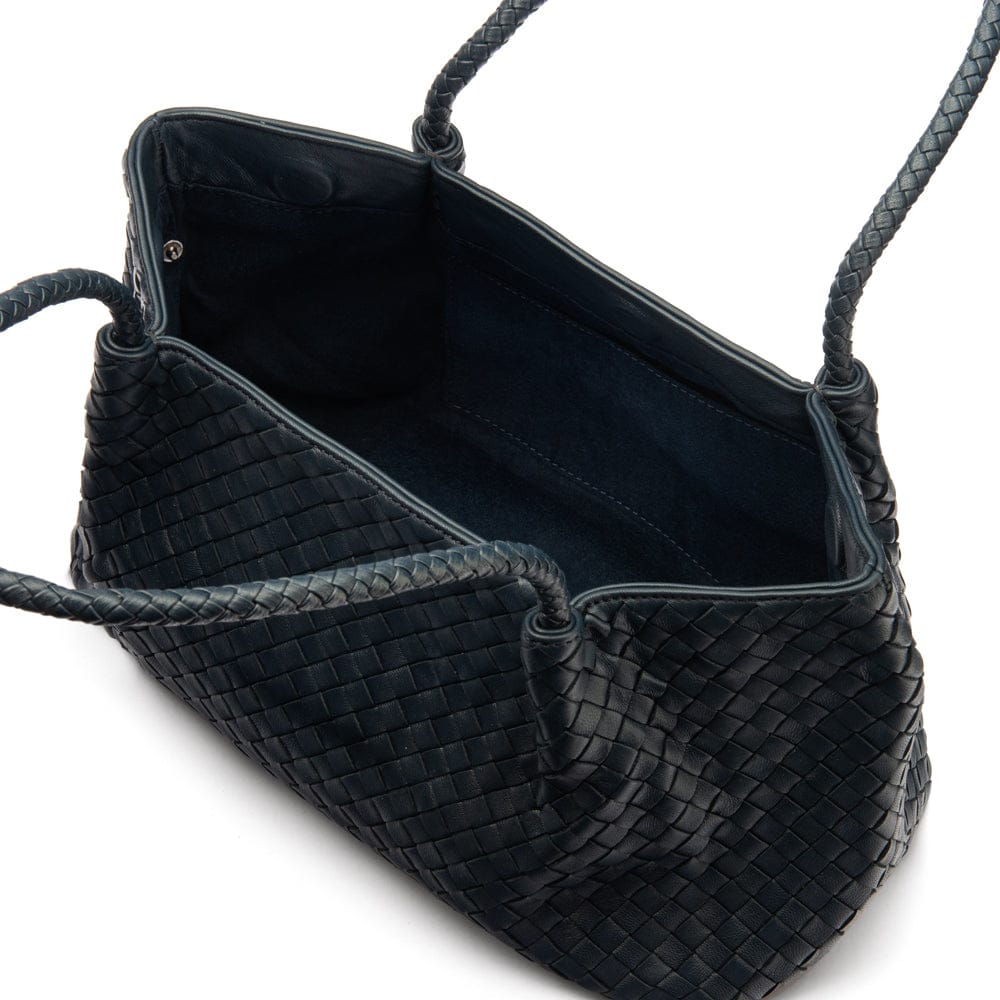 Midi woven leather bag, navy, open view