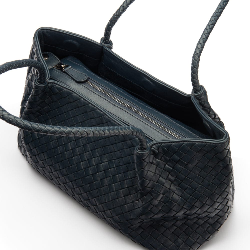 Midi woven leather bag, navy, inside