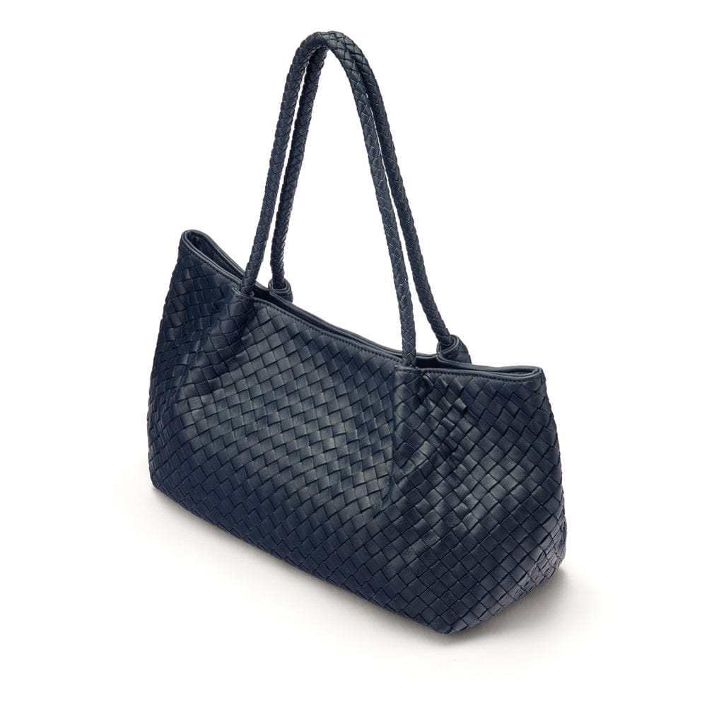 Midi woven leather bag, navy, side