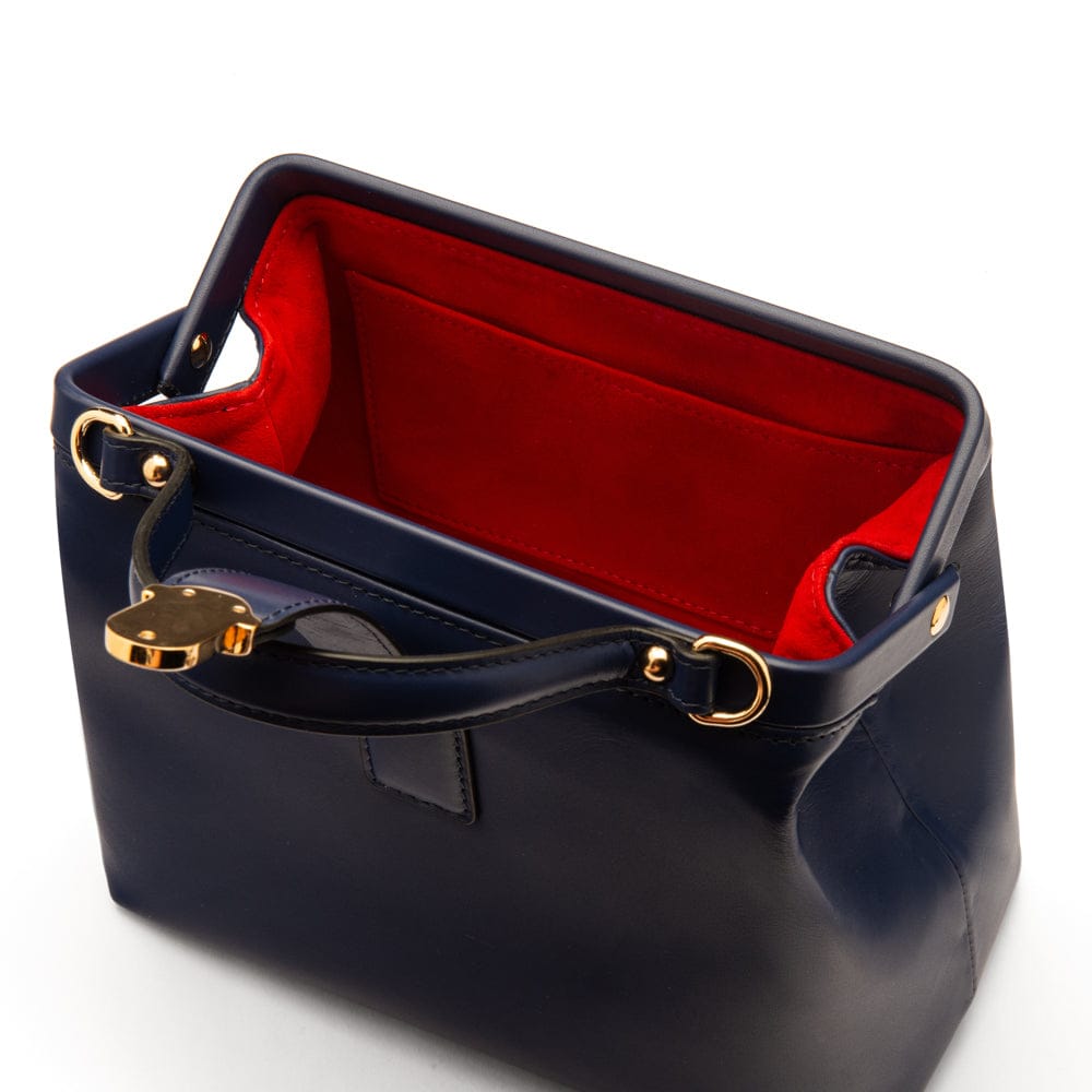 Mini leather Gladstone bag, navy, open