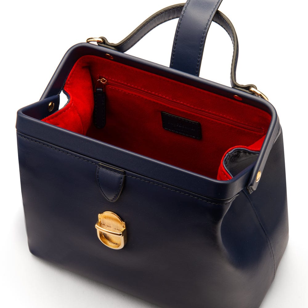 Mini leather Gladstone bag, navy, inside