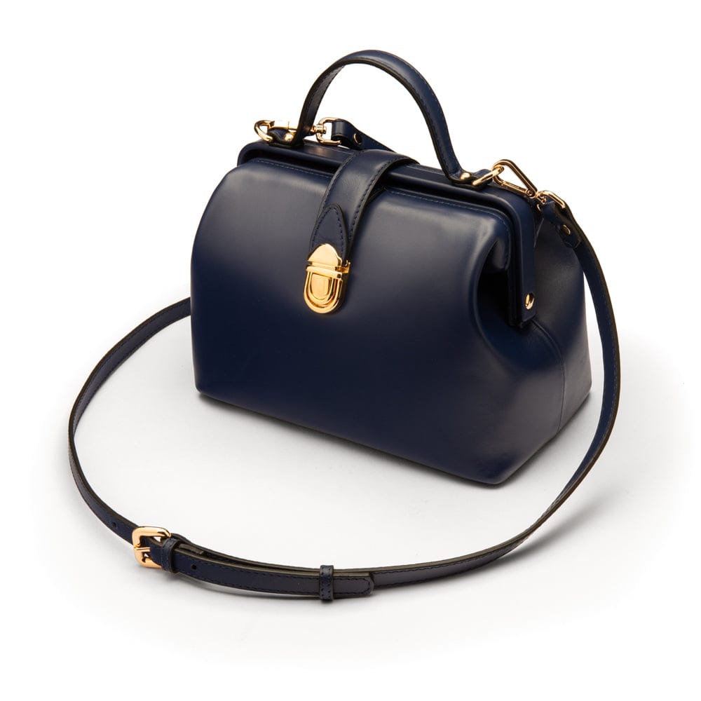 Mini leather Gladstone bag, navy, with shoulder strap