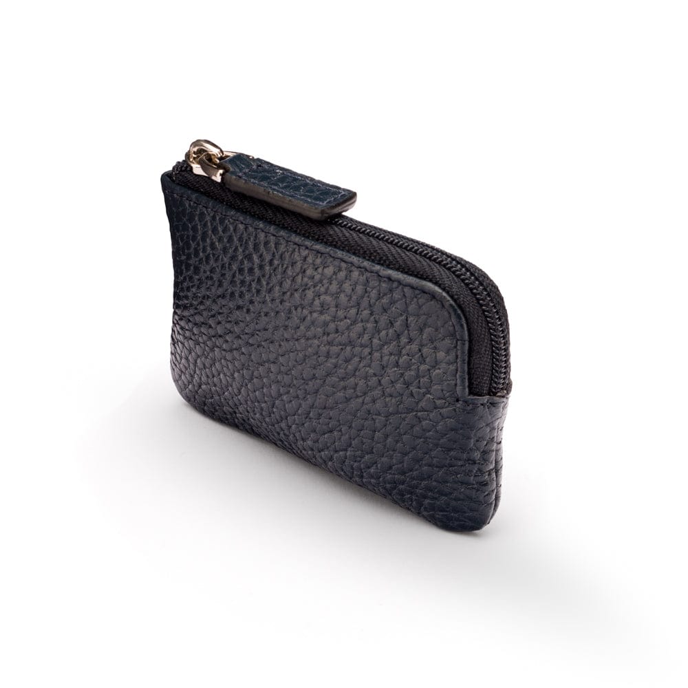 Miniature leather coin purse with key chain, navy, top