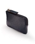 Miniature leather coin purse with key chain, navy, top