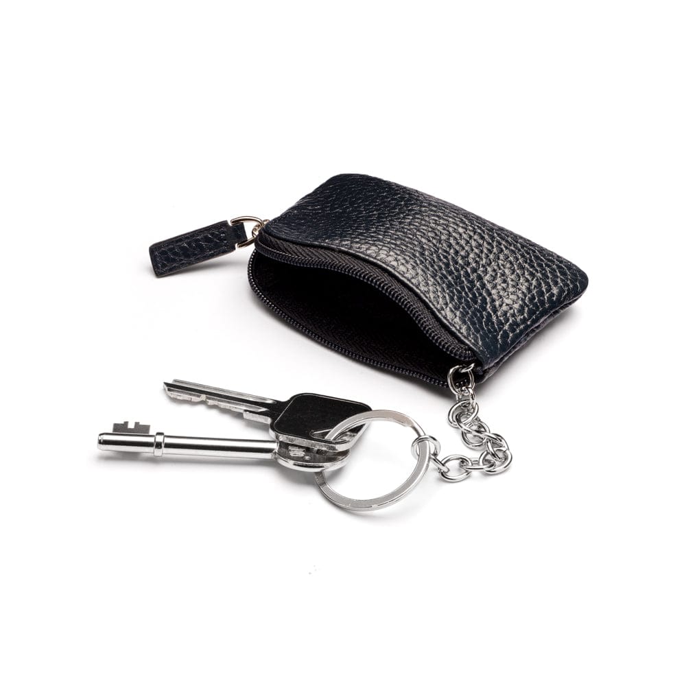 Miniature leather coin purse with key chain, navy, inside