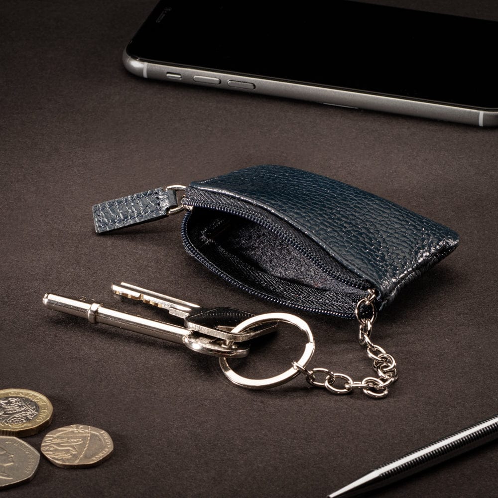 Miniature leather coin purse with key chain, navy, lifestyle