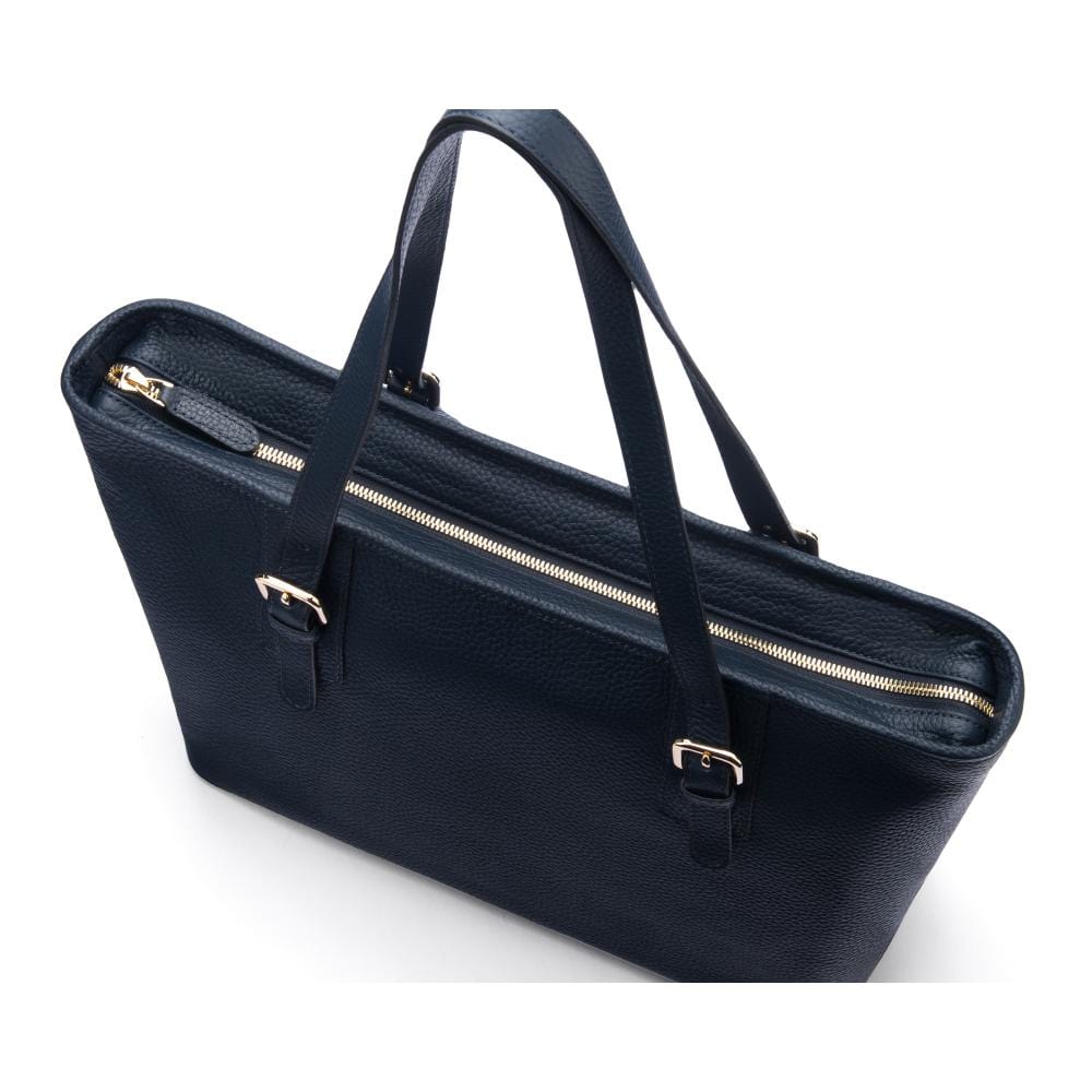 Women's leather 13" laptop workbag, navy pebble grain, top