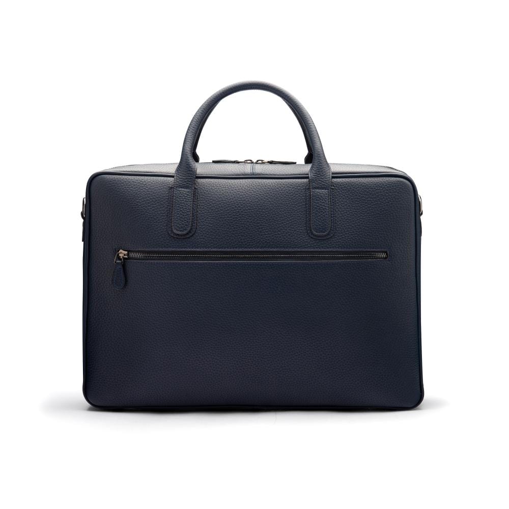 Leather laptop bag, 17 inch, navy pebble grain, reverse