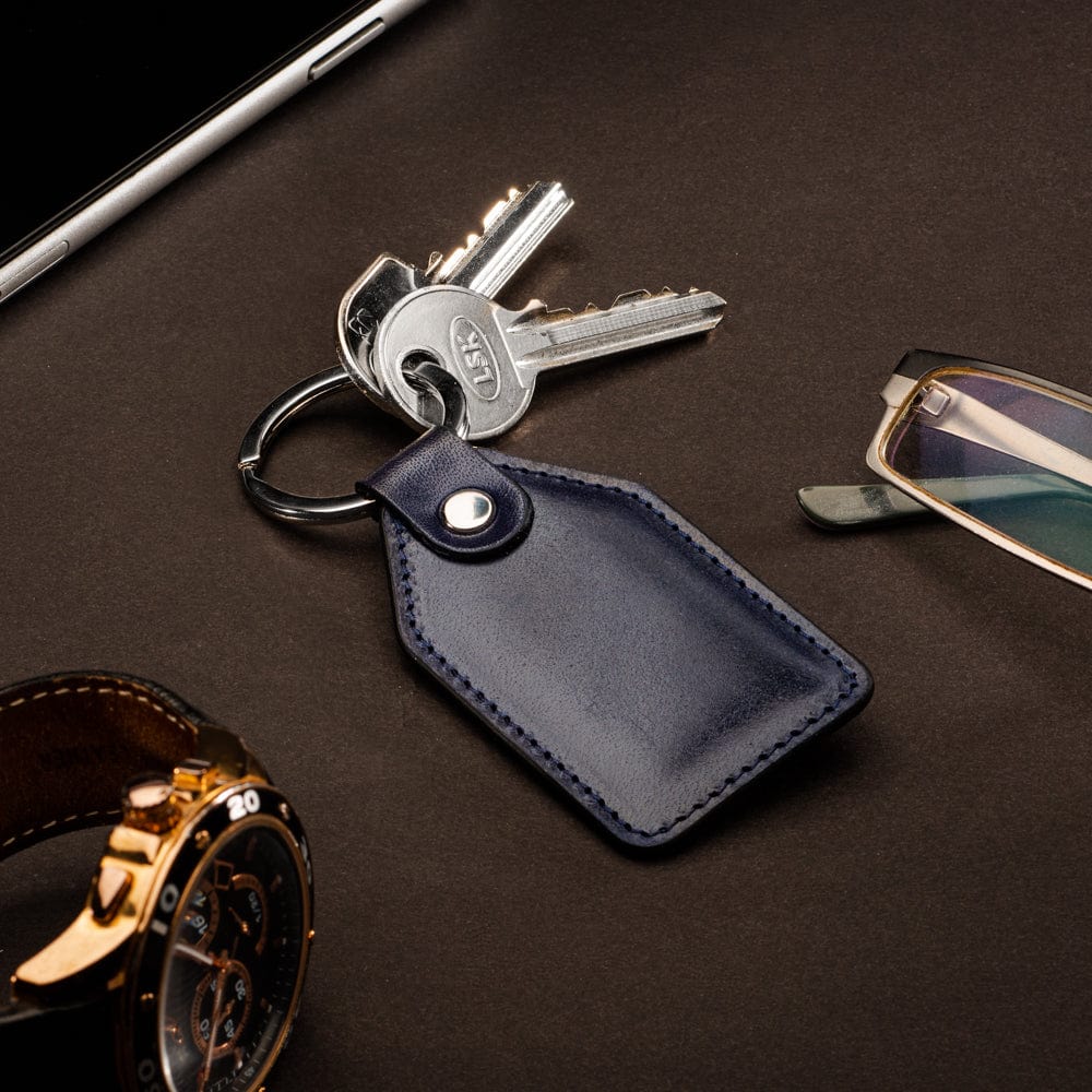 Rectangular leather key fob, navy, lifestyle