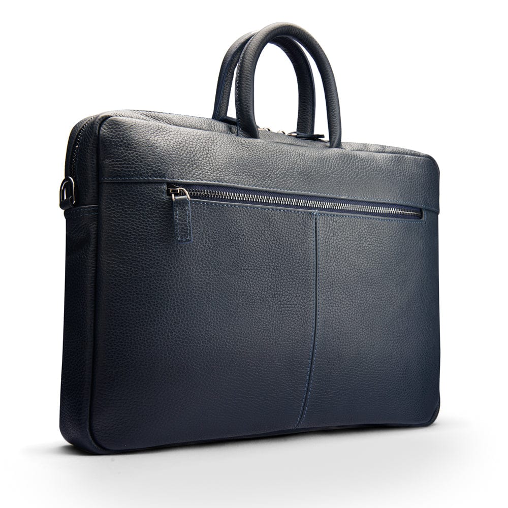 17" slim leather laptop bag, navy, front