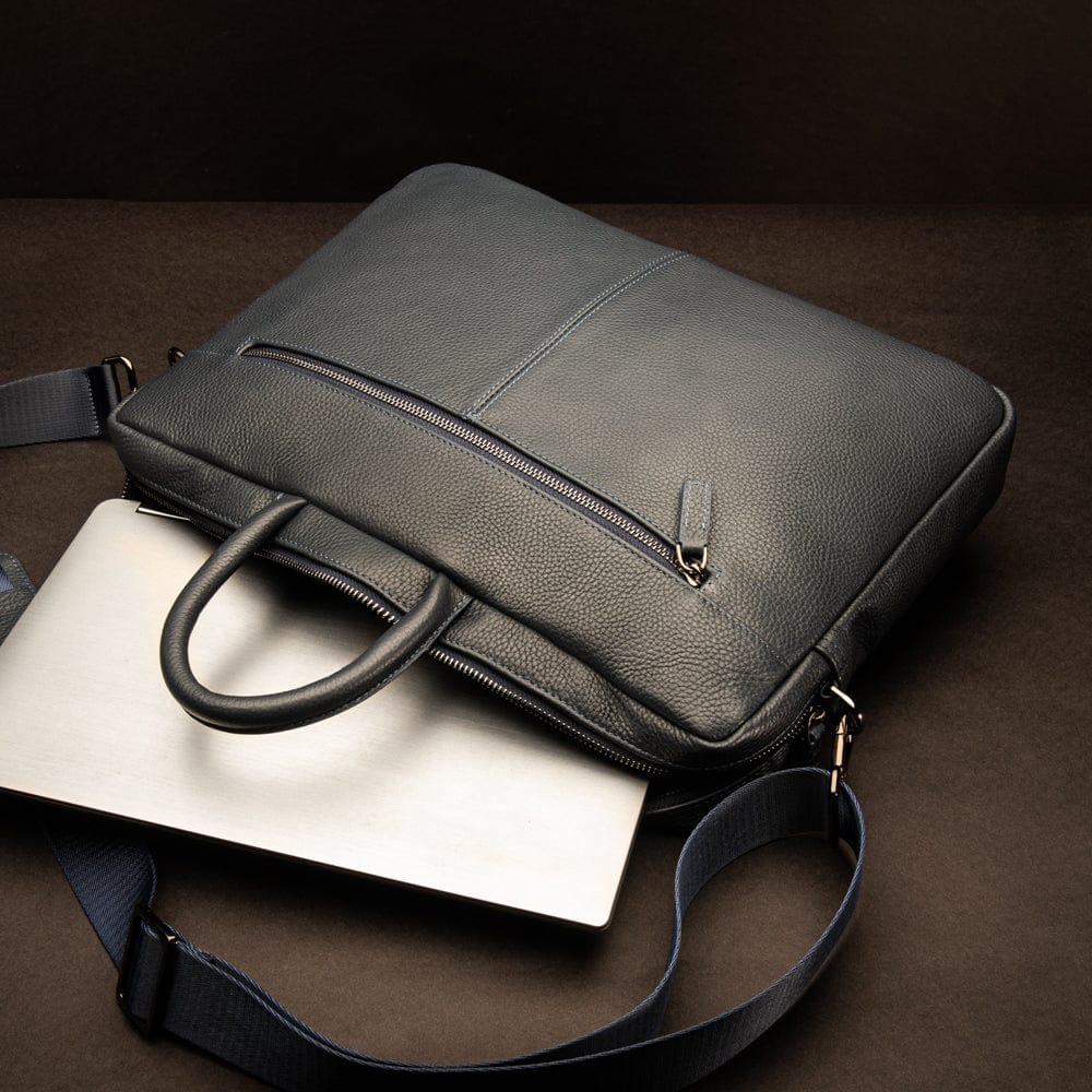 17" slim leather laptop bag, navy, lifestyle