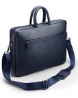 17" slim leather laptop bag, navy, with strap