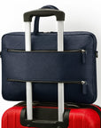 Slim Leather Laptop Bag for 13-inch Laptops, Navy, on a trolley bag