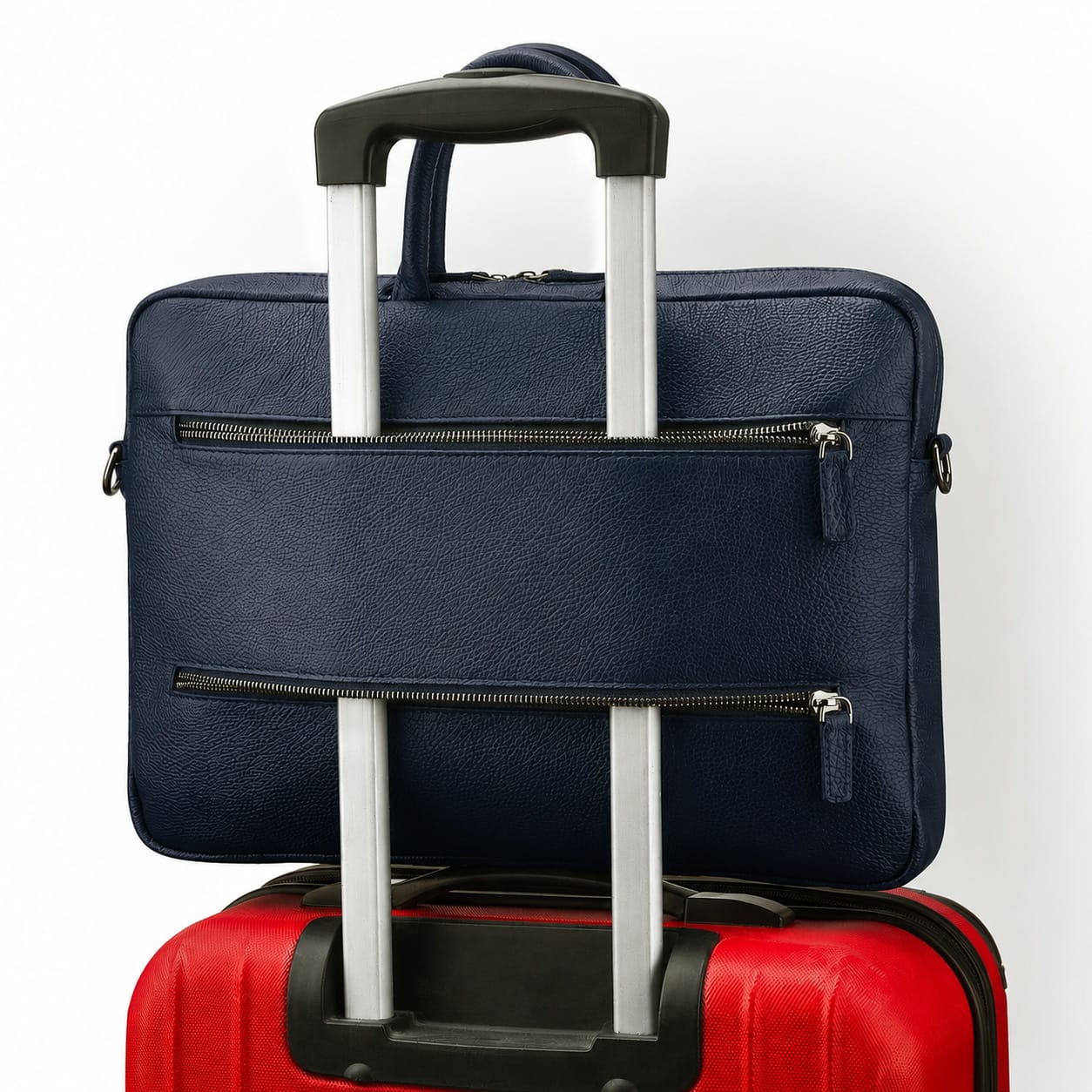 Slim Leather Laptop Bag for 15-inch Laptops, navy, back of trolley