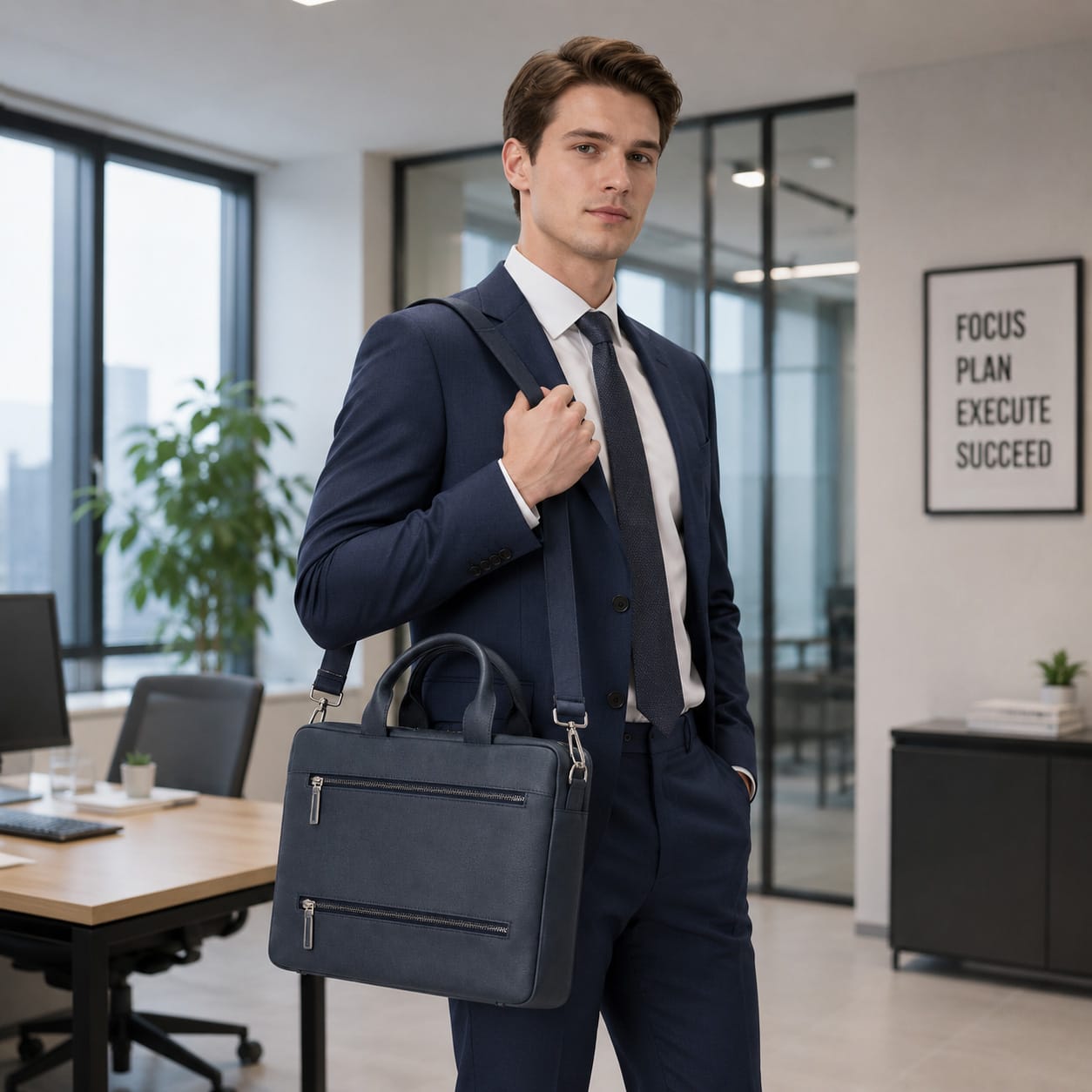 Slim Leather Laptop Bag for 15-inch Laptops, navy, lifestyle