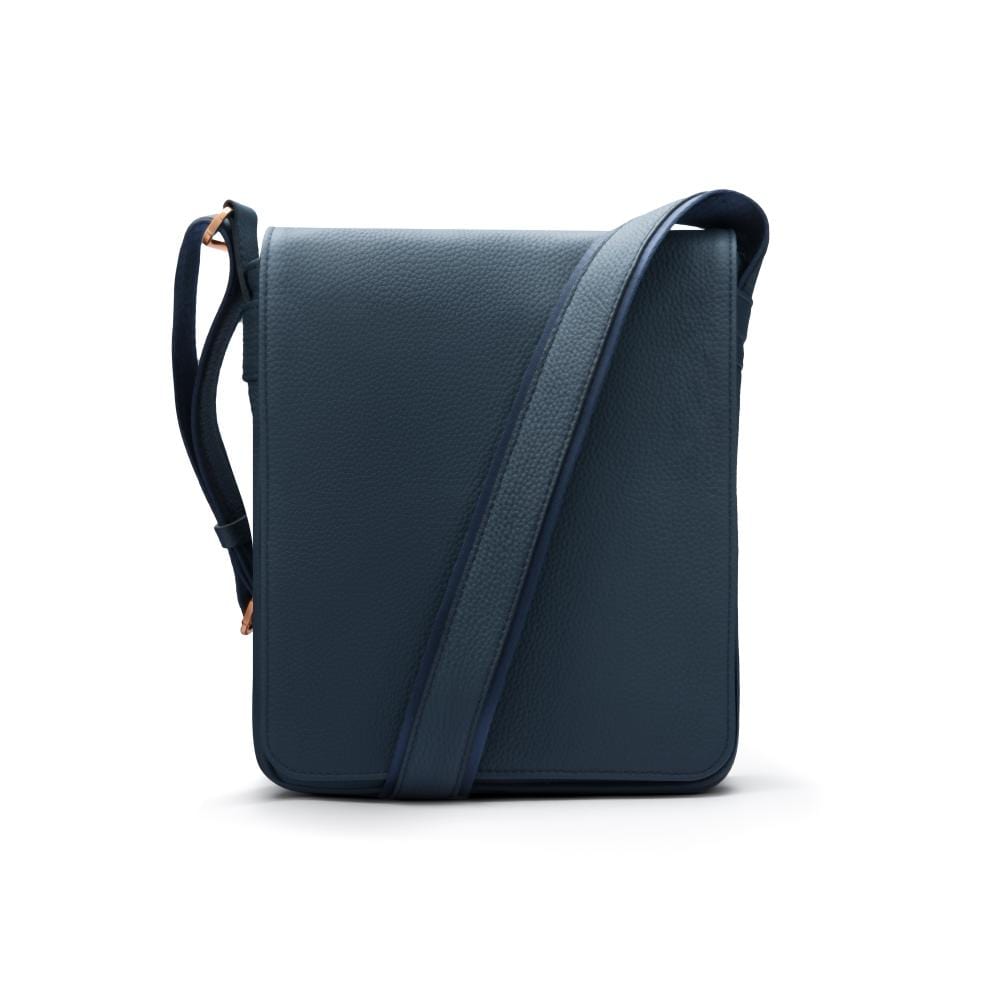 Small leather messenger bag, navy pebble grain, front