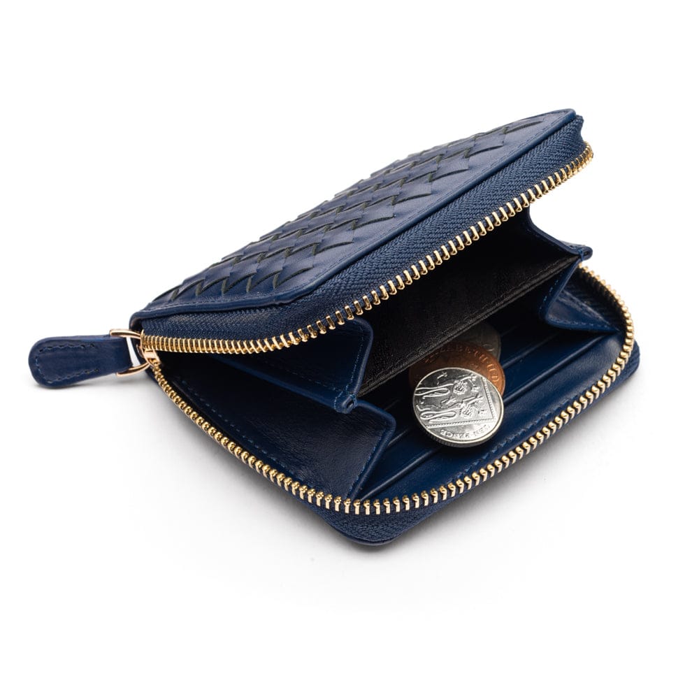 Small zip around woven leather accordion purse, navy, front