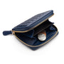 Small zip around woven leather accordion purse, navy, front