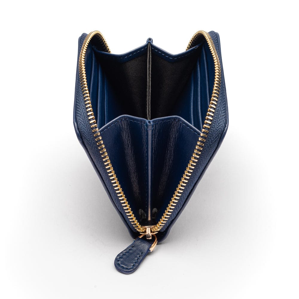 Small zip around woven leather accordion purse, navy, side