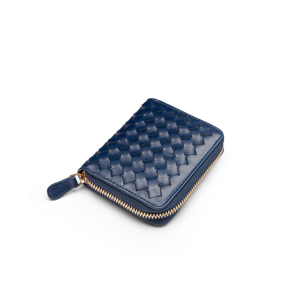 Small zip around woven leather accordion purse, navy, front