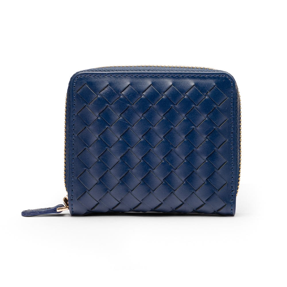 Small zip around woven leather accordion purse, navy, back