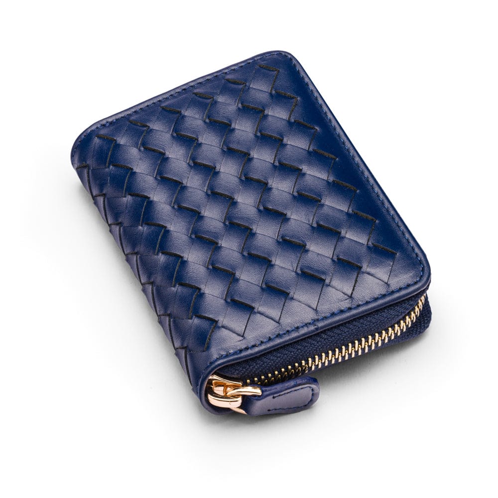 Small zip around woven leather accordion purse, navy