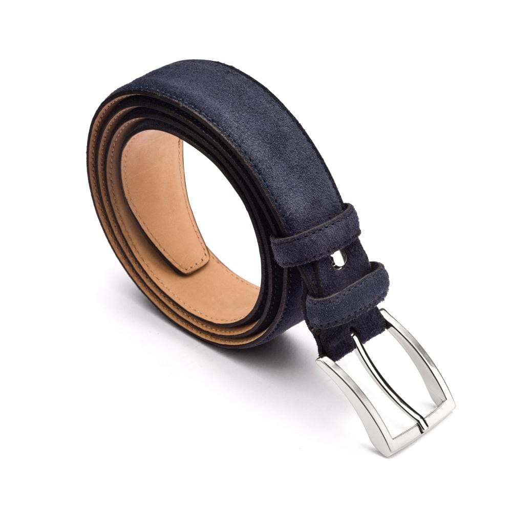 Leather belt with silver buckle, navy suede