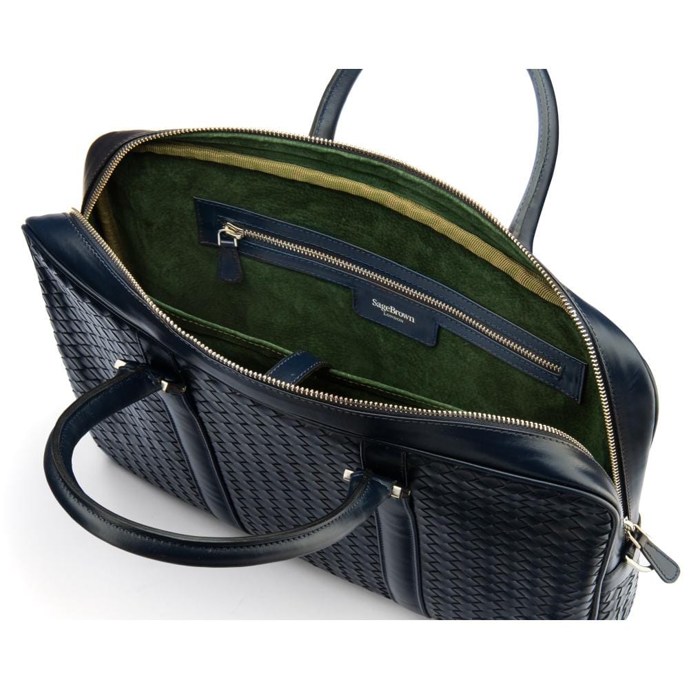 The Tressé leather laptop bag, navy woven, inside