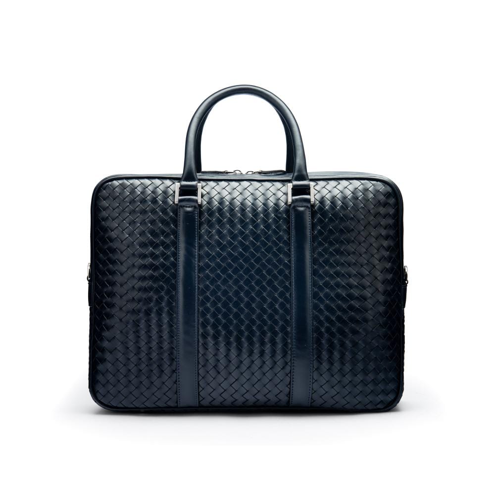 The Tressé leather laptop bag, navy woven, front