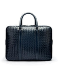 The Tressé leather laptop bag, navy woven, front