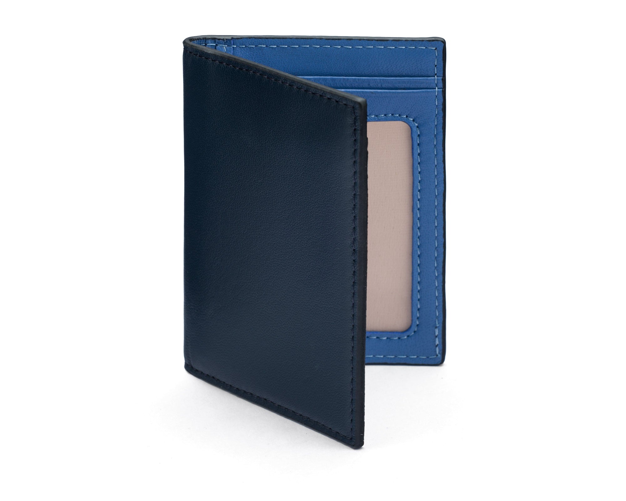 RFID Credit Card Wallet in navy with blue leather, front