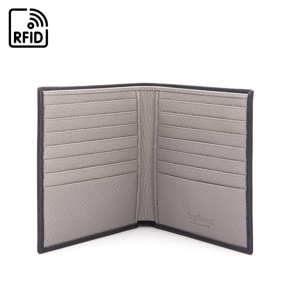 3/4 height leather RFID wallet 14 CC, navy with grey, open