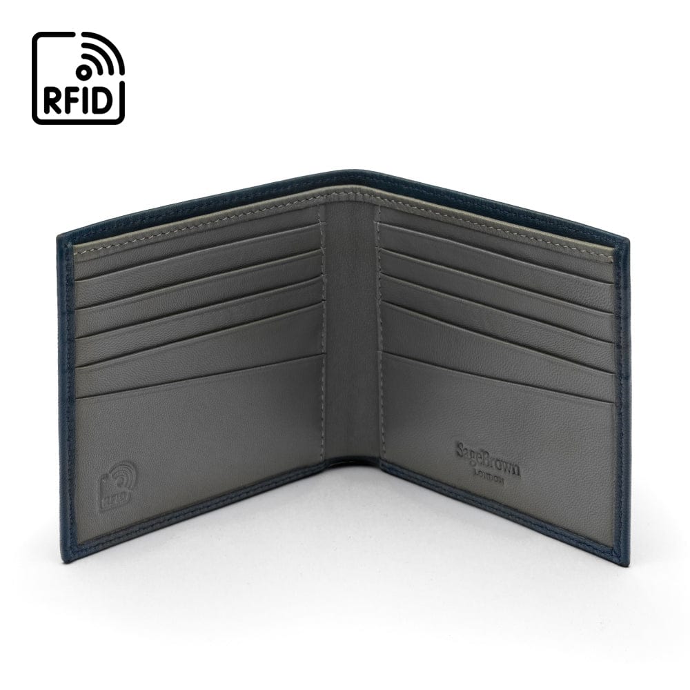 Soft leather wallet with RFID blocking, navy with grey, open